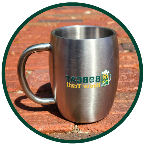 Silver beer stein with Bobcat Brew Trail logo.